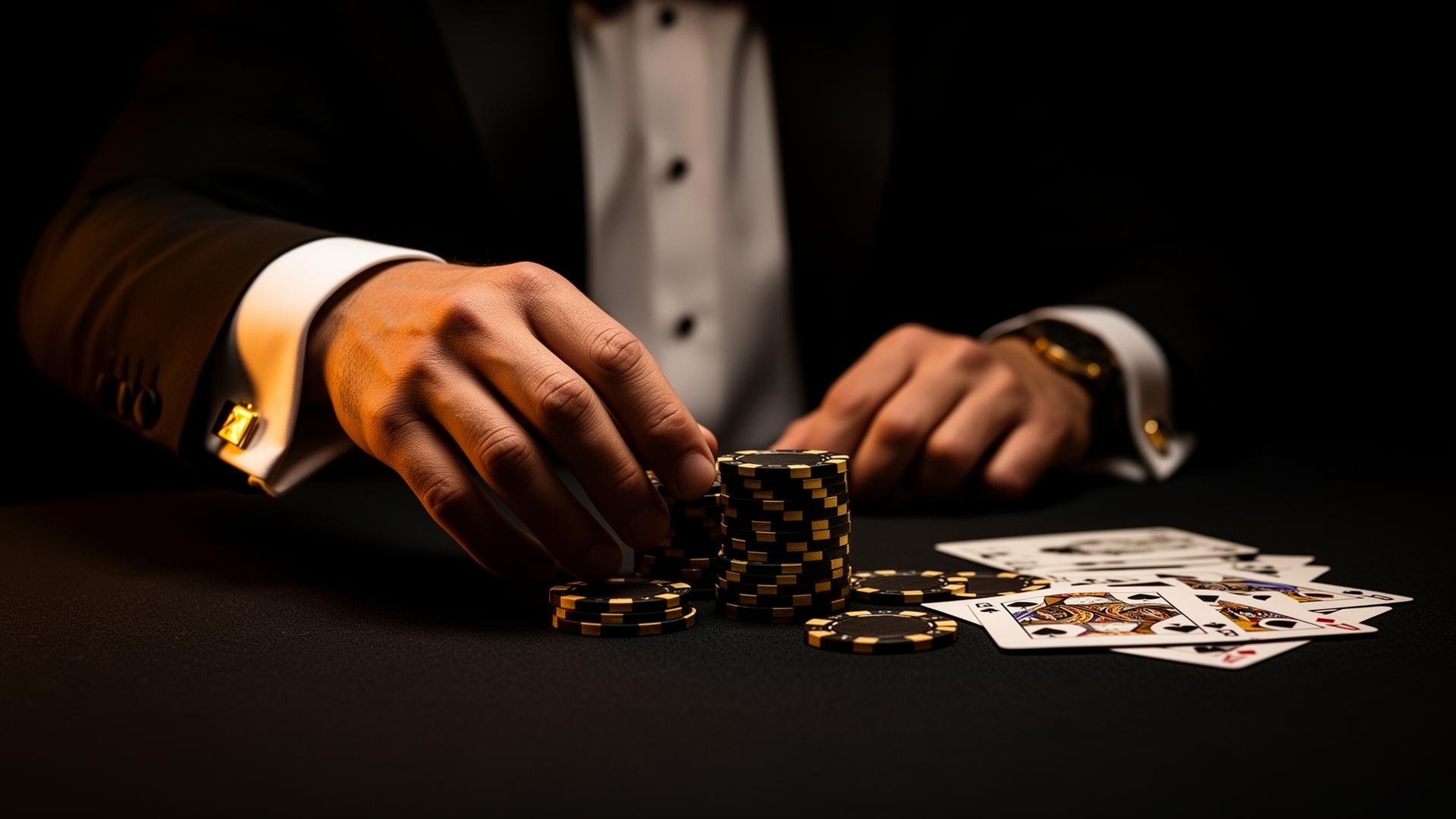 Mr Casino Welkomstbonus, gentleman zet zwarte en gouden chips in